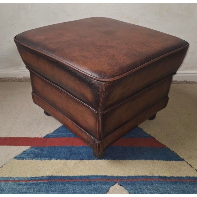 Animal Skin Vintage Ottoman in Chestnut Brown Leather For Sale - Image 7 of 12