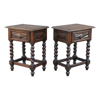 Early 20th Century Louis XIII French Oak Bedside Cabinets with Barley-Twist Legs, 1930, Set of 2 For Sale