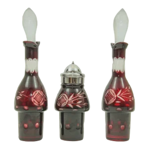 Bohemian Hand Cut Ruby Red Cut Crystal Condiment Cruet Set