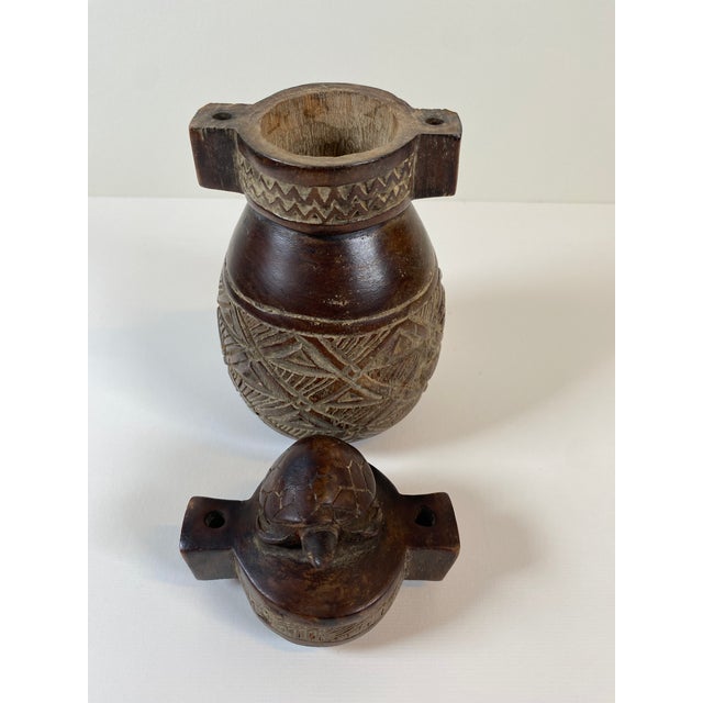 Tribal Vintage Carved Wooden Vessel With Turtle Finial – Tribal Style Decorative Object For Sale - Image 3 of 6