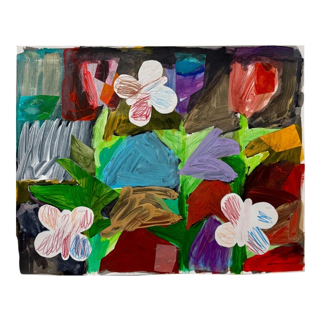Jim Drain, Colorful Mixed Media Collage Painting Miami Artist Jim Drain Abstract Flowers For Sale