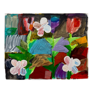Jim Drain, Colorful Mixed Media Collage Painting Miami Artist Jim Drain Abstract Flowers