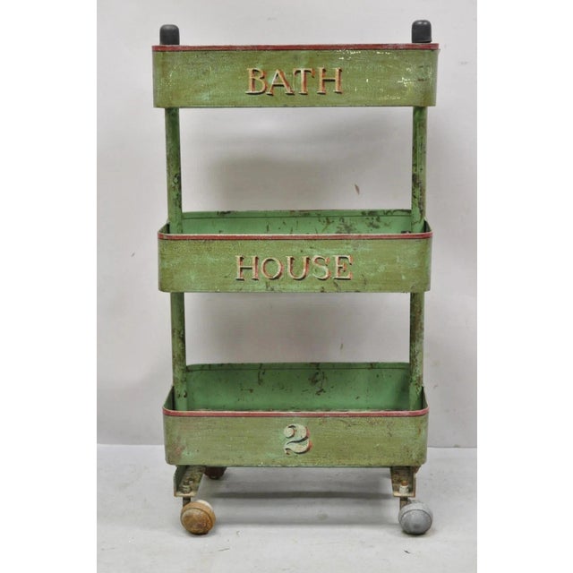 Antique "Bath House 2" Green Painted Metal 3 Tier Rolling Bathroom Trolley Cart For Sale - Image 11 of 12