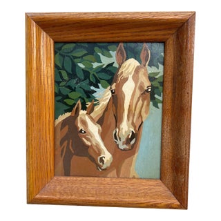 Vintage Folk Art Style Painting, Mare and Foal in Oak Frame For Sale