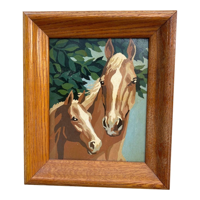 Vintage Folk Art Style Painting, Mare and Foal in Oak Frame For Sale