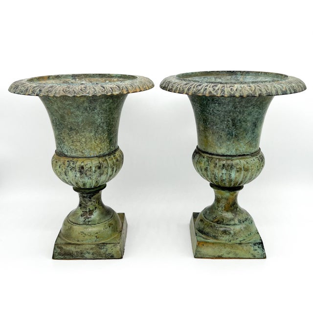 Metal 20th Century French Style Green Verdigris Cast Iron Urns With Patina - A Pair For Sale - Image 7 of 9