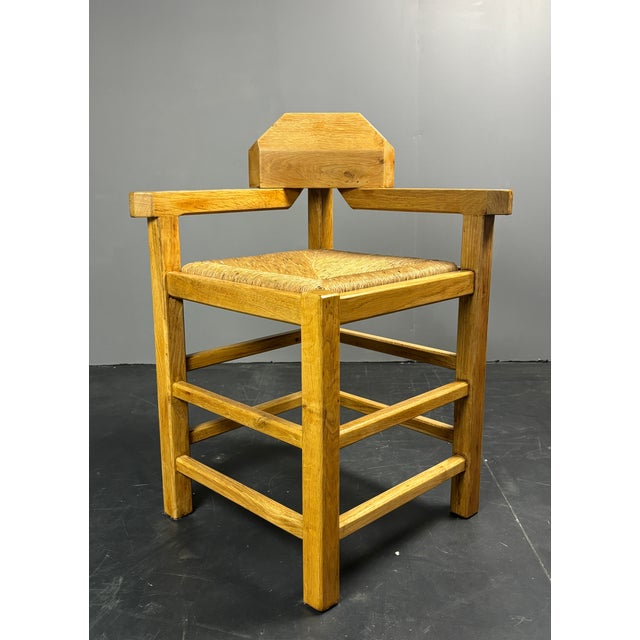 Postmodern Brutalist Dutch Oak Corner Chair with Rush Seat, 1970s For Sale - Image 10 of 18