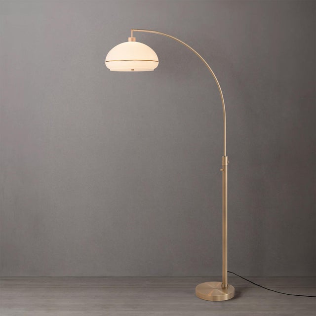 Mid-Century Modern Morelli Float Arc Lamp - Weathered Brass, Weathered Brass Lucite Shade, Steel Base, Dimmable For Sale - Image 3 of 7