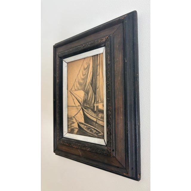 Folk Art Charcoal and Pencil Drawing of S Sailing Ship and Dinghy, Signed by Artist For Sale In Palm Springs - Image 6 of 9