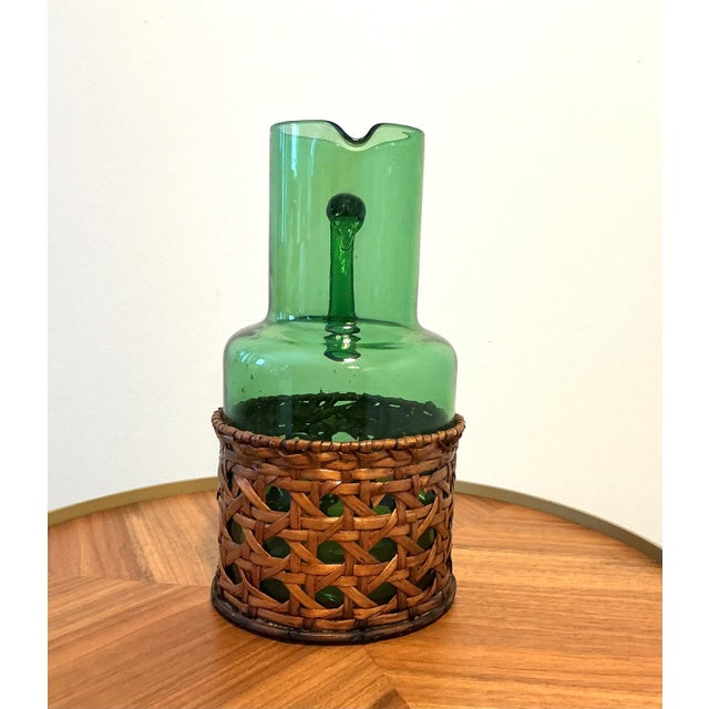 Mid 20th Century Vintage Green Blown Glass Pitcher With Wicker Basket Wrap – Possibly Empol For Sale - Image 5 of 13