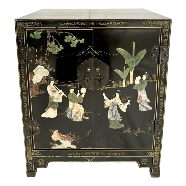 Vintage Chinese Black Lacquer Cabinet With Applied Carved Stone Scenes For Sale
