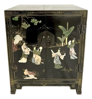 Vintage Chinese Black Lacquer Cabinet With Applied Carved Stone Scenes
