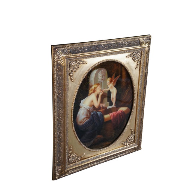 Neoclassical Mid 20th Century At the Fountain Cupid Angel of Love Oval Oil Painting After Henri Pierre Picou For Sale - Image 3 of 12