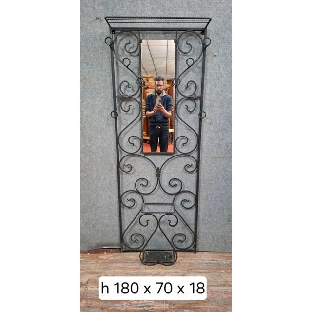 Wall-Mounted Coat Rack in Wrought Iron with Central Mirror For Sale - Image 4 of 10