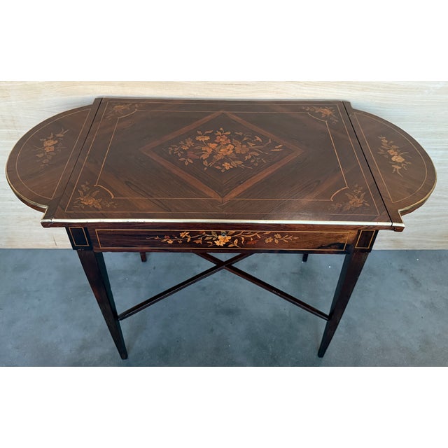 Late 19th Century Italian Classic Walnut Marquetry Desk Writing Table With Two Leafs For Sale - Image 9 of 12