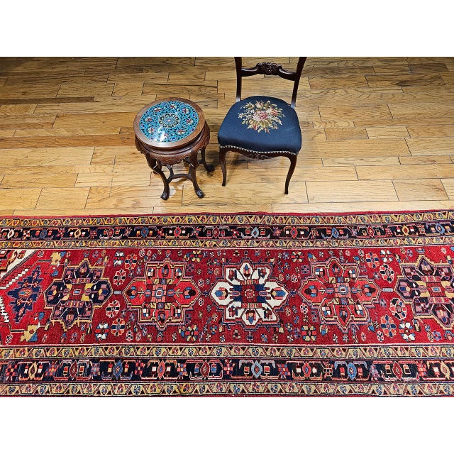 Red Vintage Persian Heriz Wide Runner, Hand-Knotted Wool, Geometric Design, Red & Navy, 4x12 For Sale - Image 8 of 18