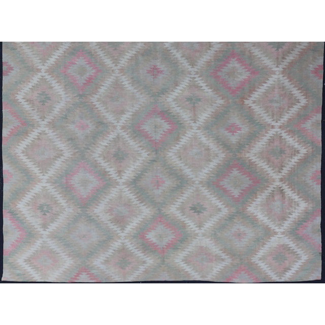 Measures: 8'0 x 11'0 Vintage Turkish Flat Weave Rug with Geometric Diamond Design in Green and Pink. Keivan Woven Arts /...