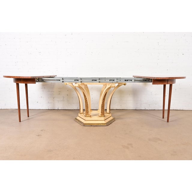Brown Mastercraft Italian Neoclassical Walnut and Burl Wood Parcel Gilt Pedestal Extension Dining Table For Sale - Image 8 of 15