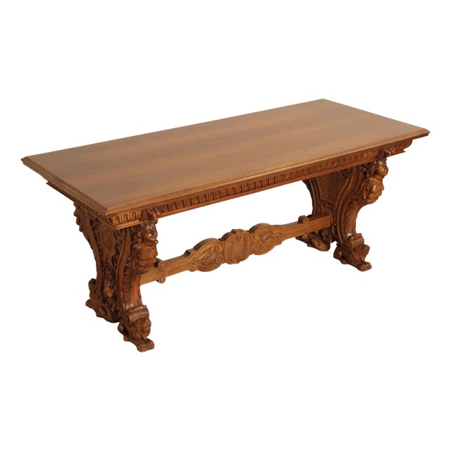 Antique Italian Renaissance Revival Carved Walnut Library Table For Sale