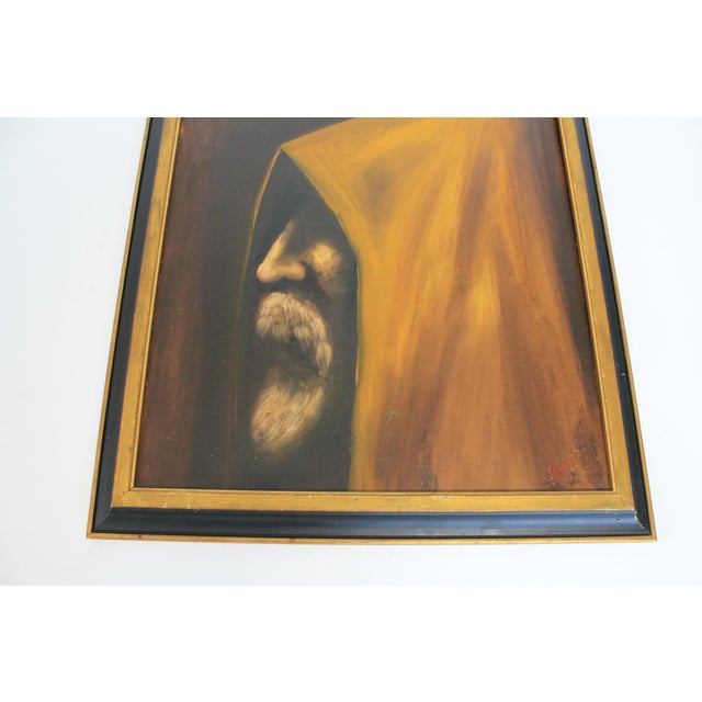 Mid-Century Modern Vintage Framed Moody Portrait Painting of a Hooded Monk For Sale - Image 3 of 11