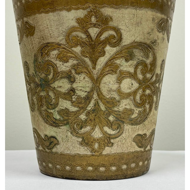 Vintage Mid-century Italian Florentine wastebasket painted distressed cream and embossed gold gilt in the traditional...