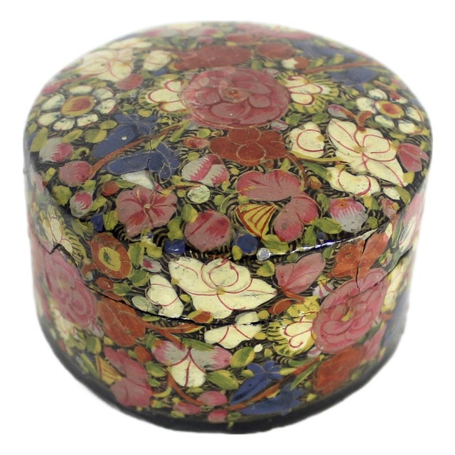 Vintage Hand Painted Kashmir Lacquered Trinket Box For Sale