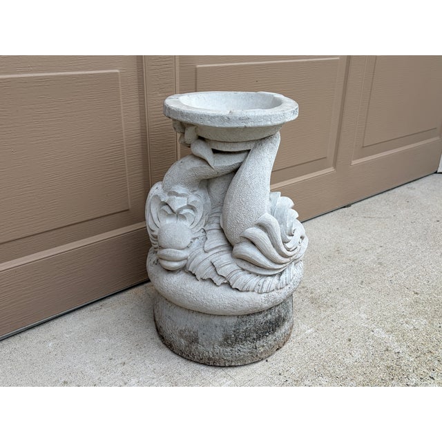 Late 20th Century Vintage Neoclassical Cast Stone Triple Dolphin Garden Pedestal For Sale - Image 5 of 11