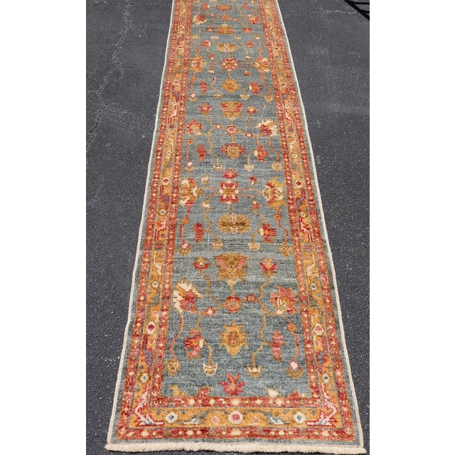 Turkish Angora Oushak Runner With Denim Blue Field and Rust Motifs For Sale - Image 11 of 13