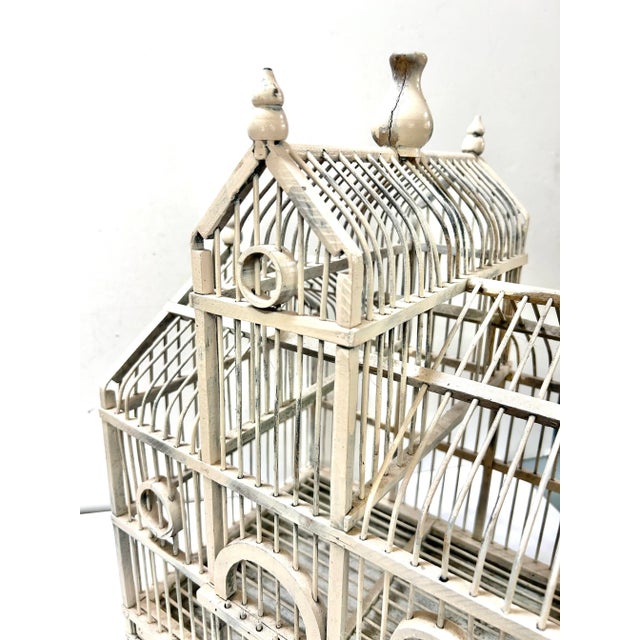Off-white Vintage French-Style Wood & Wire Architectural Birdcage With Chippy White Finish For Sale - Image 8 of 8