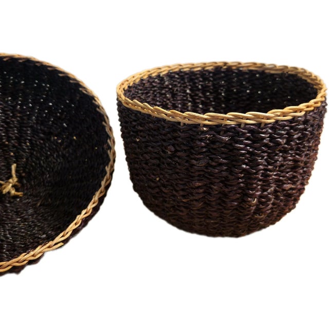 Mid 20th Century Mid 20th Century Woven Acorn Basket – Rare Decorative Storage Basket | Dark Brown Two-Piece Acorn Design | 11” Tall For Sale - Image 5 of 9