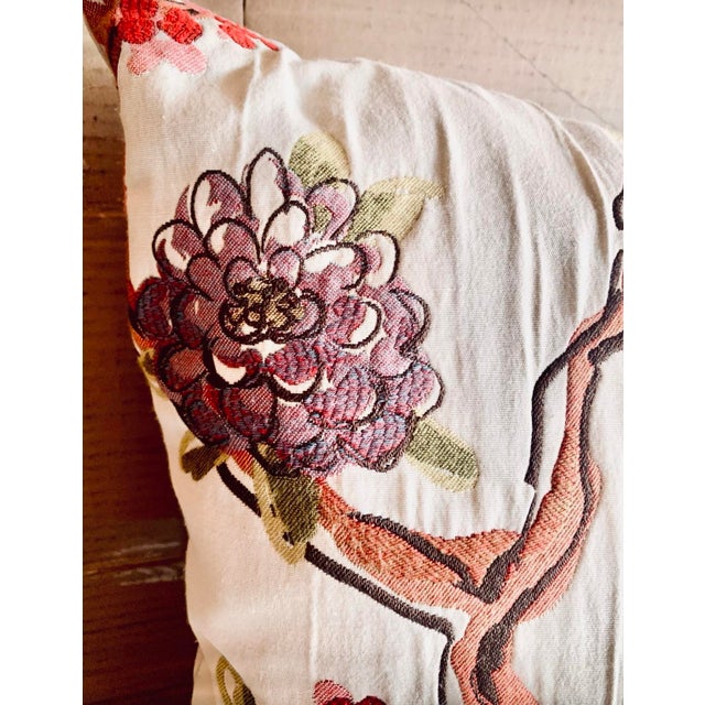 Late 20th Century Bird on a Branch Large 22” Square Botanical Woven Watercolor Pillow For Sale - Image 5 of 8