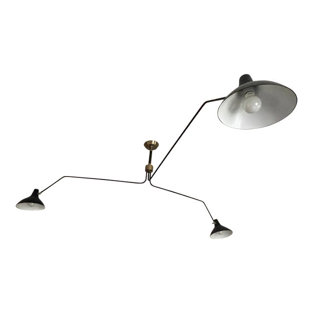Contemporary Serge Mouille–Style 3-Arm Ceiling Lamp — Sculptural Modernist Lighting, Brass Hardware, Pristine For Sale