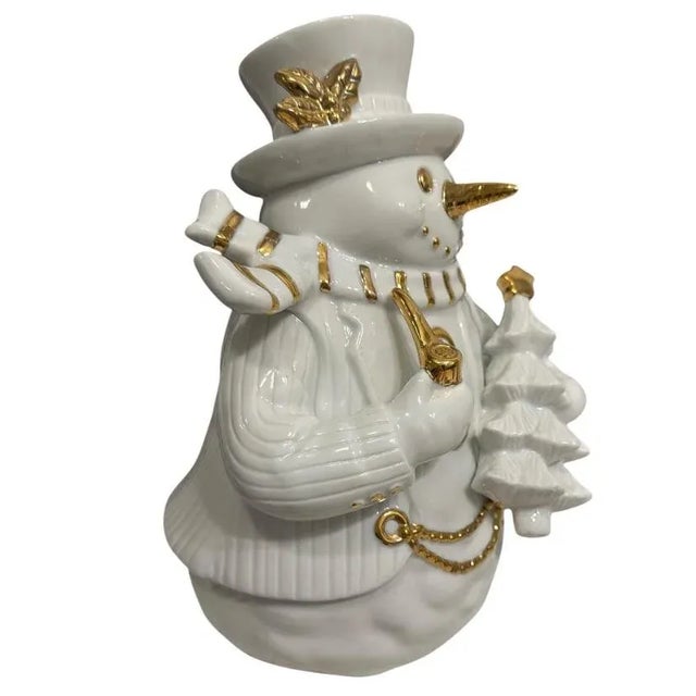 2000 - 2009 Vintage White Ceramic Snowman Figurine Adorned With 24k Gold For Sale - Image 5 of 7