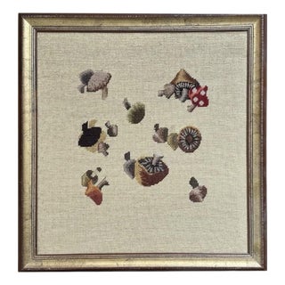 Vintage Large Botanical Mushroom Needlepoint in Custom Frame For Sale