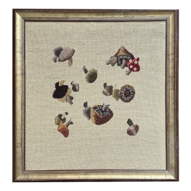 Vintage Large Botanical Mushroom Needlepoint in Custom Frame For Sale