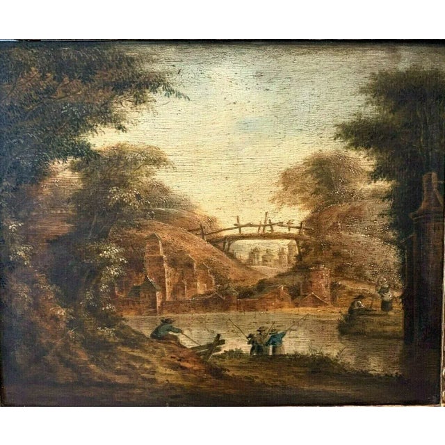 Oil on oak panel. Wood frame and gilded stucco (accidental). decorated with a landscape filled with fishermen. 19th...