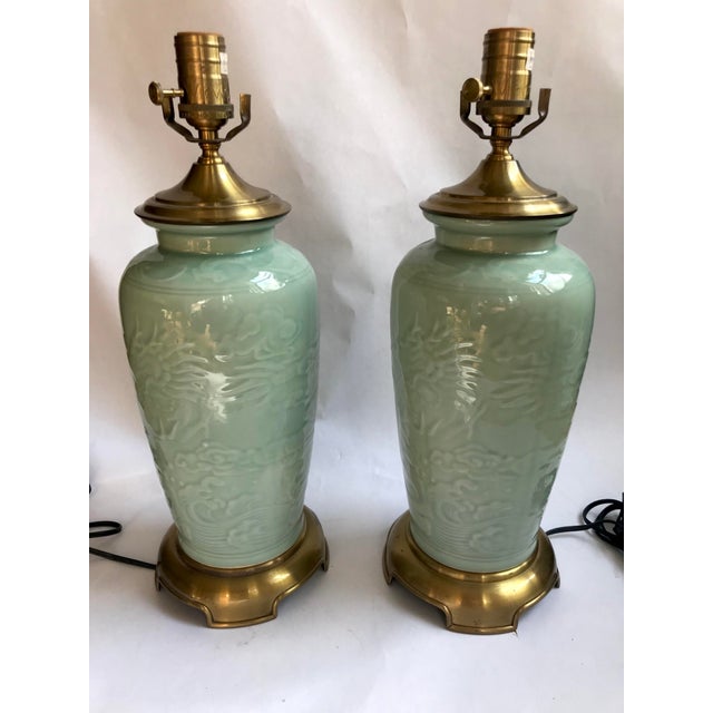 Wildwood Vintage Wildwood Chinoiserie Celadon and Brass Lamps - a Pair For Sale - Image 4 of 7
