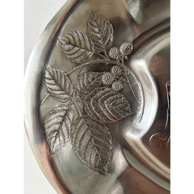 Antique, art nouveau, Austrian, cast pewter, oval meat serving Platter with hunting Dog in high relief in the center and...