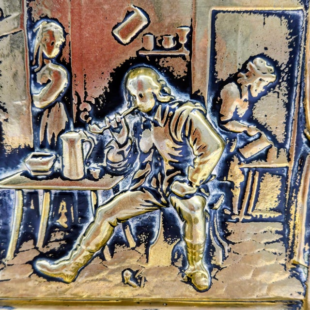Cabin Vintage European Brass Tavern Interior Brass Wall Match Holder, Repoussé Pub Scene Wall Pocket For Sale - Image 3 of 9
