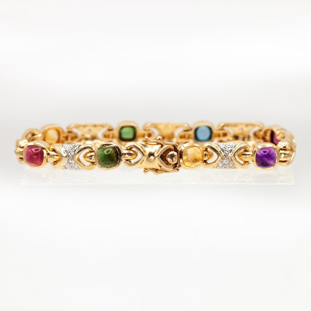 1980s 14k Yellow Gold Multicolor Gemstone and Diamond Link Bracelet For Sale - Image 12 of 12