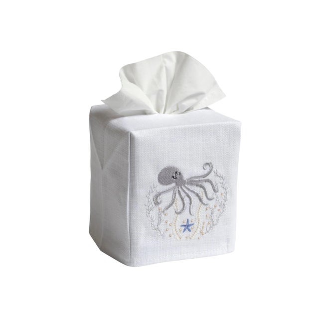 Size: W-4 ½”, D-4 ½”, H-5 ¼” (Fits the standard Puffs & Kleenex cubes) Fabric: White Linen / Cotton Embroidery: Pewter...