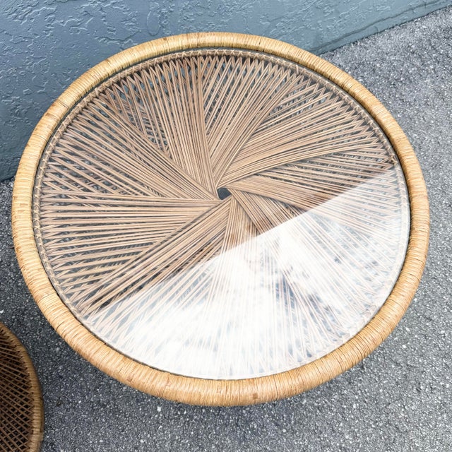 Boho Chic Buri Rattan Circular Inlaid Glass Top Side Tables - A Pair For Sale - Image 4 of 8