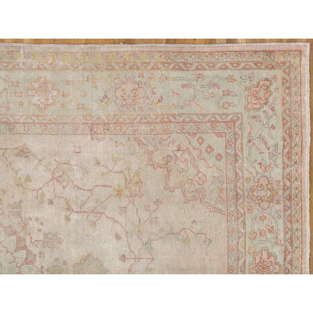 Textile Antique Oushak Carpet, Handmade Oriental Rug, Shrimp Pink, Taupe, Cream Fine Rug For Sale - Image 7 of 13