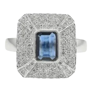 Diamond and Emerald Cut Blue Sapphire Ring Size 7