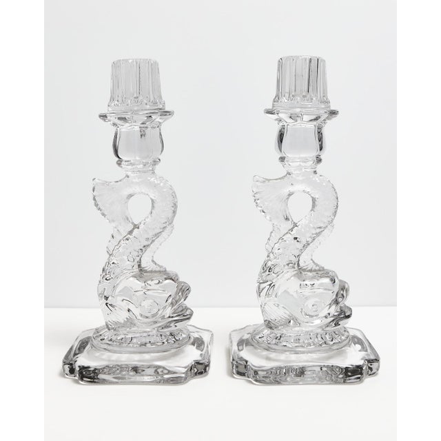 Cambridge Glass Company Pair of Vintage Cambridge Dolphin Fish Candlesticks For Sale - Image 4 of 18