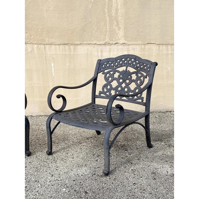 Cast Aluminum Mediterranean Tuscan Scrolling Garden Patio Club Chairs - A Pair For Sale - Image 9 of 12