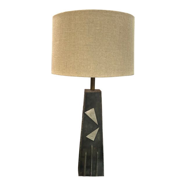 Brutalist 1970s Abstract Mixed Metal Lamp With Custom London Shade For Sale