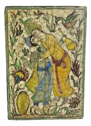 Antique Persian Iznik Qajar Style Ceramic Pottery Tile Green Man Lady Embrace C2