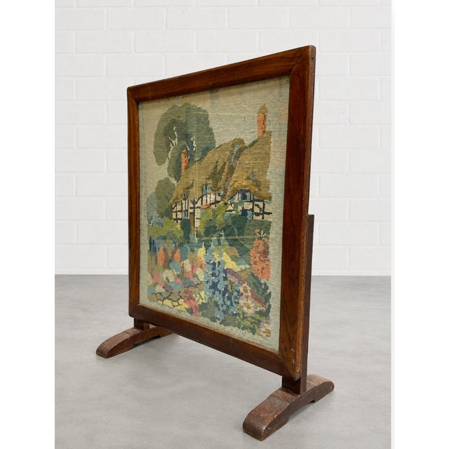 American Antique Needlepoint Fires Screen With Cottage Garden Scene, Wood Framed Hearth Screen, C. 1920s–1940s For Sale - Image 3 of 11