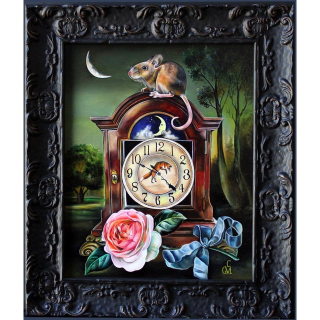 In "Timeless Dreamer," a whimsical scene unfolds with a mouse perched atop an ornate clock, its face revealing a delicate...